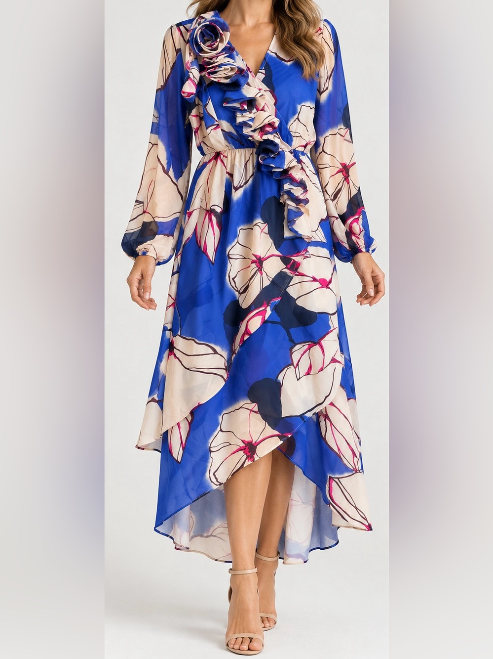 C. Wonder by Christian Royal & Pink Floral Ruffle High-Low Dress Size Small NWT